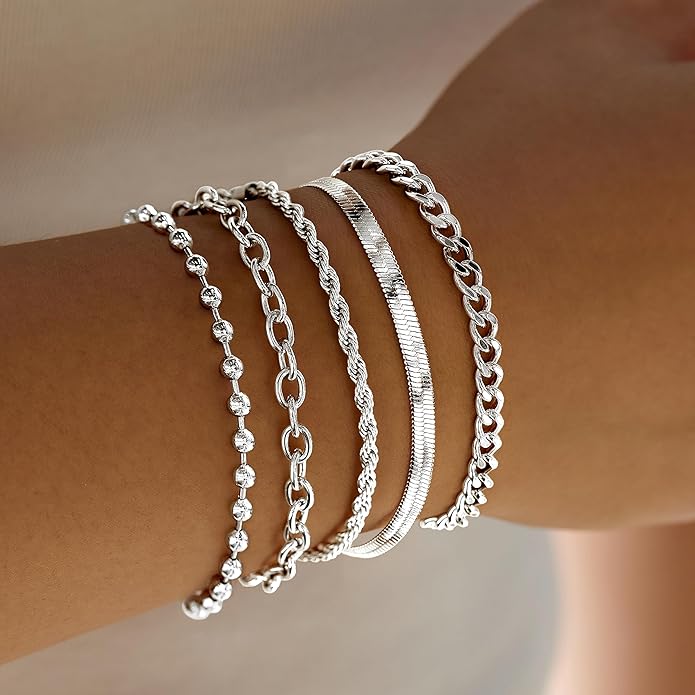 Gold Bracelets for Women Non Tainish,Dainty Bracelets Stack for Women Trendy, Gold Plated Cuff Bracelets Stack With Beaded Cuban Paperclip Snake Rope Bangle Hand Chain Jewelry Gifts for Women
