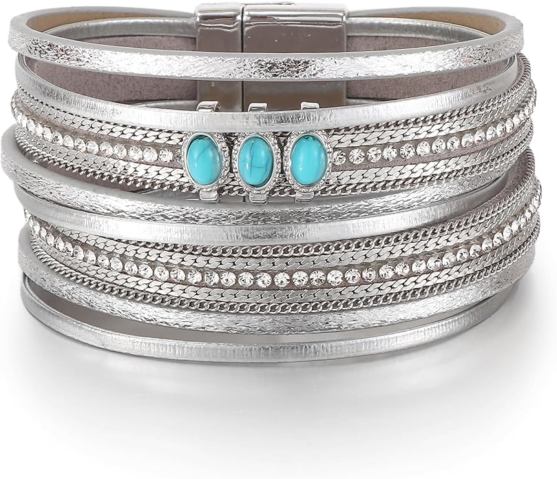 Edoneery Leather Wrap Bracelet for Women, Boho Handmade Multi-Layer Cuff with Crystal Beads Heart, Stackable Bangle Western Jewelry Gift
