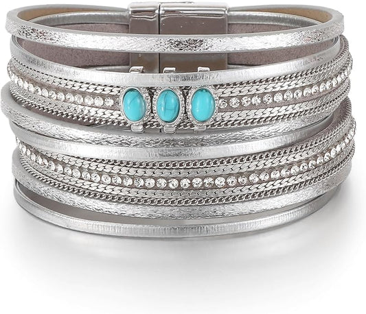 Edoneery Leather Wrap Bracelet for Women, Boho Handmade Multi-Layer Cuff with Crystal Beads Heart, Stackable Bangle Western Jewelry Gift