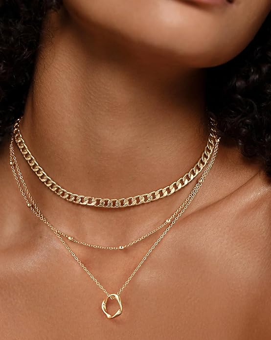 Layered Necklace for Women 14K Gold Plated Dainty Paperclip Herringbone Pearl Cross Pendant Necklace Stack，Layering Chain Cuban Figaro Rope Chain Choker Trendy Gold Jewelry Gift