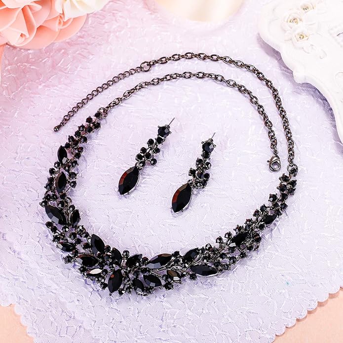 BriLove Women's Wedding Bridal Austrian Crystal Marquise Cluster Collar Necklace Dangle Earrings Set