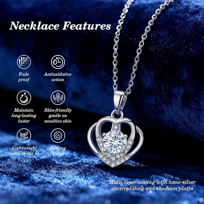Jewelry Gifts for Women, Moissanite Heart Necklace 1-2Carat - Birthday Gift for Wife, Anniversary Necklace for Women, Christmas Valentine's Day Mother's Day Fine Jewelry Romantic Gifts for Her