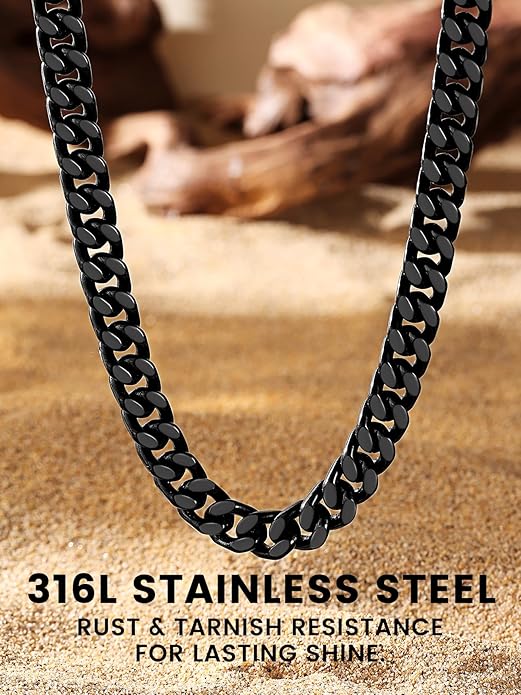 Bestyle Thick Stainless Steel Mens Cuban Link Chain, Black/Gold Chain for Men, No Tarnish & Durable Men Chain Necklace, 5/7/9/12mm Wide, 18"-30" Long, Gift Package