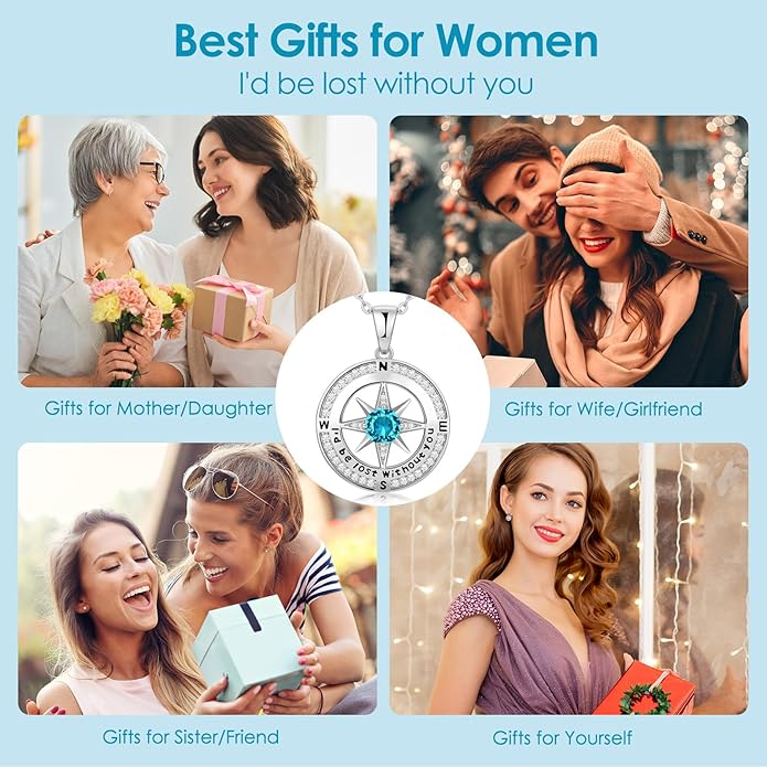 Zifeel Compass Necklace Gifts for Women wife - S925 Sterling Silver Birthstone Necklaces for Women - Anniversary Birthday Gifts for Her Wife Girlfriend - Valentines Mom Mothers Day Christmas Gifts Jewelry for Women