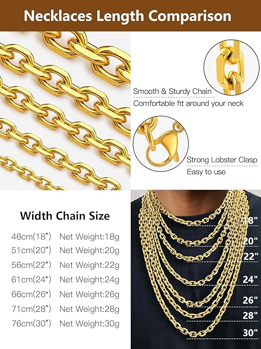 Hoyazvet Cable Chain Stainless Steel Necklace for Men Women, 3/5/8/10/13MM Width, 18K Gold Plated/Black Metal/316L Stainless Steel Sturdy Rolo Link Chain Necklace, 18-30inch Length