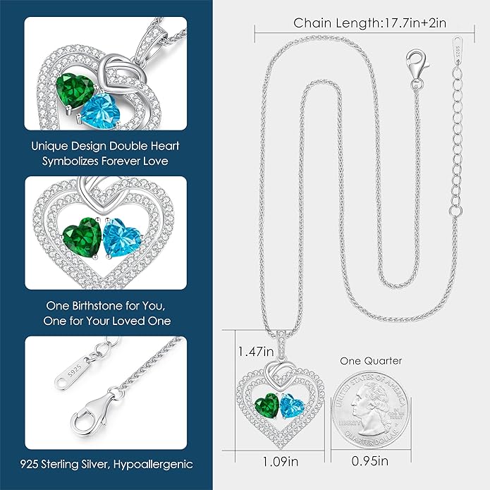 LOUISA SECRET Sparkling Double Heart Birthstone Necklaces for Women, 925 Sterling Silver Fine Jewelry, Pendant Heart Necklaces Birthday Anniversary Christmas Gift for Women Wife Mom Girlfriend Lady