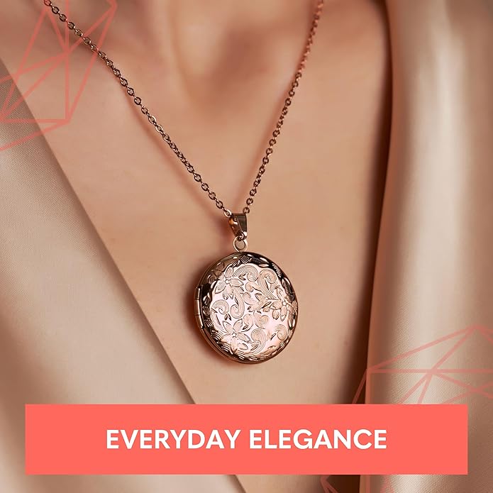 Locket Necklace for Women Girls, 18” Jewelry Chain, Picture Photo Inside, Cadenas para mujer, Personalized Custom Name Gold Locket, Customized Couples Locket, Silver, Rose Gold, Gold