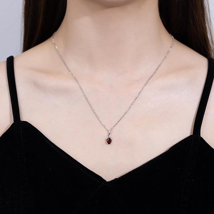 FANCIME 14K Solid White Gold Oval Gemstone Necklace with Diamond Pendant Gifts for Mom Women,16"+2" Inches
