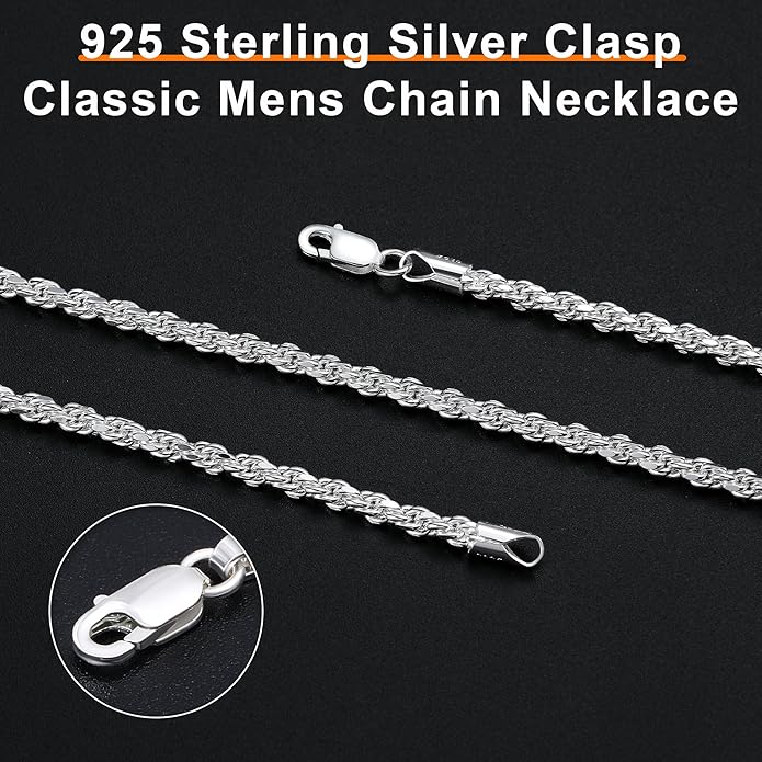BRIJEWNES 925 Sterling Silver Clasp 2/2.5/3/4/5mm Silver Chain for Men Mens Necklace Rope Chain Necklace Diamond Cut Silver Mens Chain Necklace 16 18 20 22 24 26 28 30 Inches