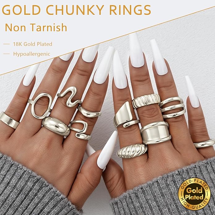 17 MILE Chunky Gold Stackable Rings for Women Non Tarnish, 18K Gold-Plated Statement Open Stacking Rings, Knuckle Band Ring Set