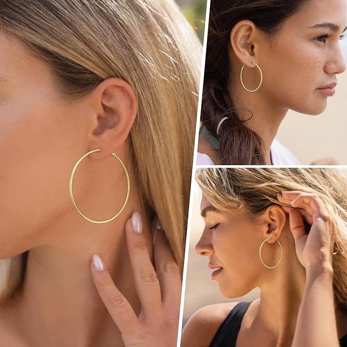Big Gold Hoop Earrings for Women Hypoallergenic 925 Sterling Silver Post Thin Loop 14K Gold Plated Hoop Earrings Set for Women, 3 Pairs