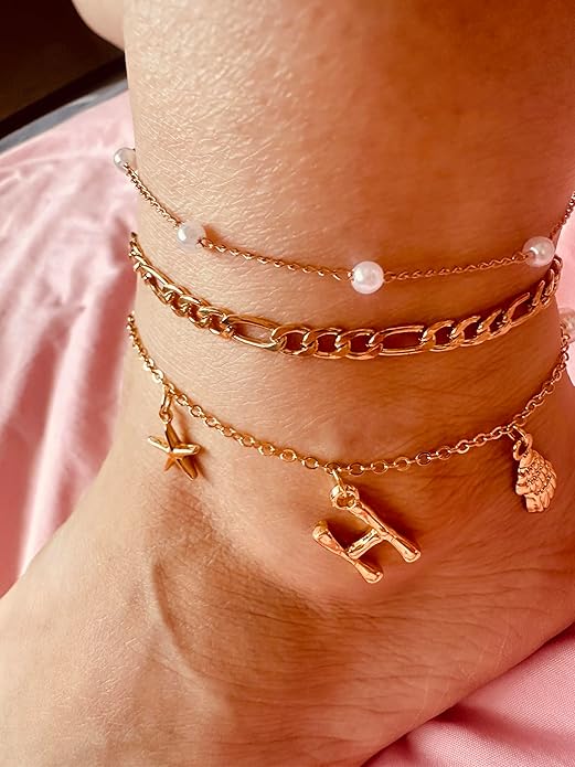 Initial Charm Anklets For Women Shell Letter Anklets Set Gold Charms Pendant Boho Summer Seashell Beach 14k Jewelry for Women Gift