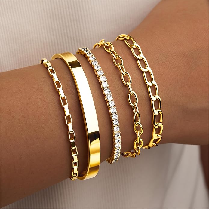 Gold Bracelets for Women Non Tainish,Dainty Bracelets Stack for Women Trendy, Gold Plated Cuff Bracelets Stack With Beaded Cuban Paperclip Snake Rope Bangle Hand Chain Jewelry Gifts for Women