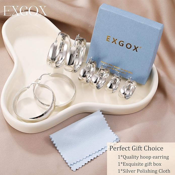 EXGOX Gold Hoop Earrings for Women Sterling Silver Post Hoops Earrings for Women Wide Thick Silver Hoop Earrings Hypoallergenic Lightweight 14k Real Gold Plated Hoop Large Earrings (25/30/40/50MM)