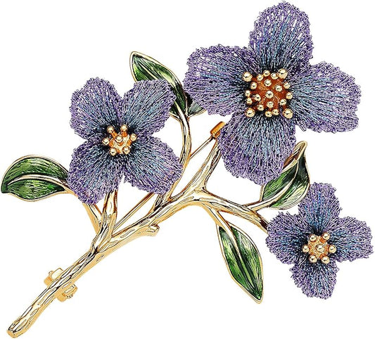 Forget me not Flower Brooch Handmade Gold Thread Embroidered and hand-Drip Enamel leaf, Gradient Botanical Floral Brooch pins for women, SHE'S FREE STYLE JUST FOR YOU [Bencao Gangmu Series]Vintage Plant Jewelry
