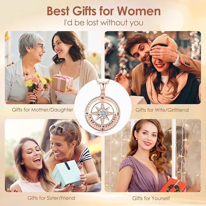 Zifeel Compass Necklace Gifts for Women wife - S925 Sterling Silver Birthstone Necklaces for Women - Anniversary Birthday Gifts for Her Wife Girlfriend - Valentines Mom Mothers Day Christmas Gifts Jewelry for Women