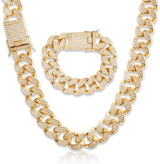 EMESLY Miami Cuban Link Chain 14K Gold Plated Necklace (16, 18, 20, 22, 24, 30 Inches Length); Hip Hop Bracelet (8" Length) for Men & Women; Perfect Iced Out Bling Jewelry Gift