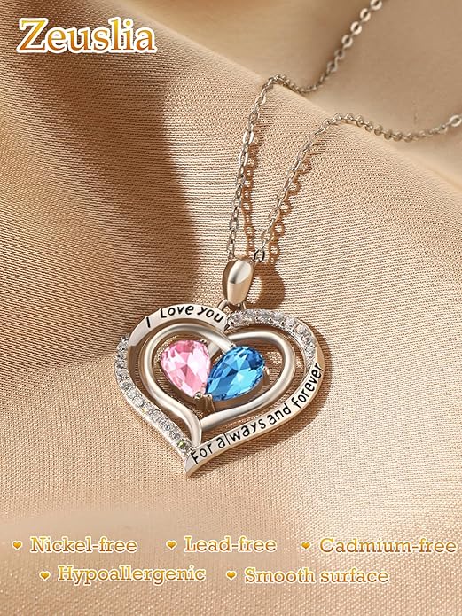 Zeuslia Double Birthstone Necklace Gifts for Wife - 925 Sterling Silver Sunflower/Rose/Crown Cross/Compass/Heart Pendant I Love You Necklace, Anniversary Birthday Gifts for Wife Girlfriend Mom Her