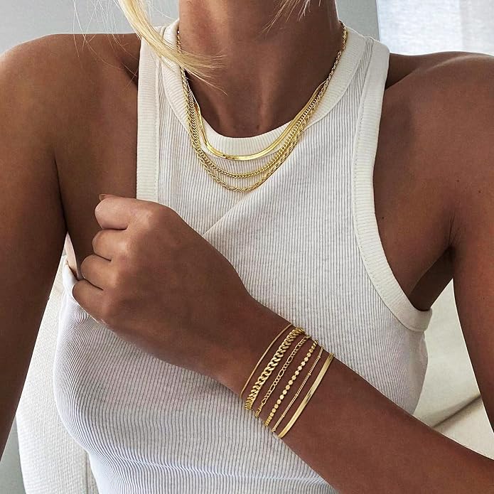 DEARMAY Waterproof Gold Plated Bracelets Set for Women Trendy, Dainty 14K Gold Jewelry Fashion Stackable Tennis Beaded Figaro Herringbone Paperclip Link Bracelet Pack Stack Gifts for Women