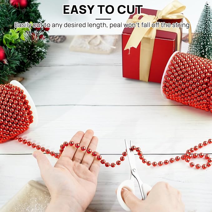 49 Feet Christmas Tree Beads Garland, 8mm Artificial Red Beaded Garland for Christmas Tree DIY, Faux Pearl Strings Bead Roll for Wreath, Wedding Party, Decoration