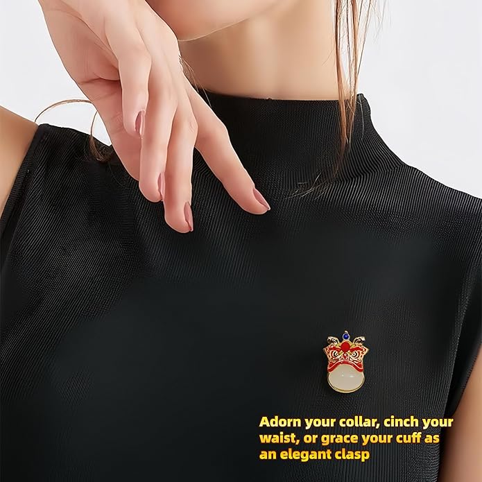 Chinese Lion Dance Brooch, Vintage Enamel Floral & Cat Eye Pearl Adjustable Lapel Pin for Women & Men – Traditional Asian Style Awakening Lion Brooch for Jacket, Blazer, Scarf, Qipao, Wedding, Festival Gift (Gold/Red/Blue)