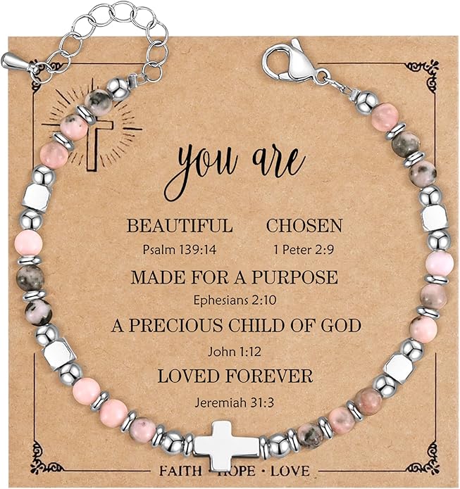 VIBILIA Cross Beaded Bracelets for Women, Inspirational Natural Heart Religious Bracelets for Women, Birthday Christian Gifts for Women on Thanksgiving Christmas Gifts