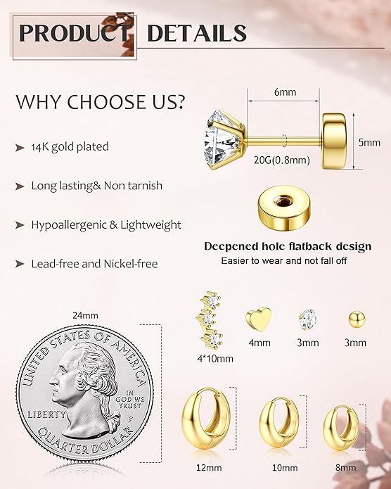 Hypoallergenic 14K Gold Plated Hoop Stud Earrings for Women Surgical Stainless Steel Flat Back Earrings Lightweight Small Chunky Huggie Hoops Cartilage Earring Stacks for Multiple Piercing Women Gifts