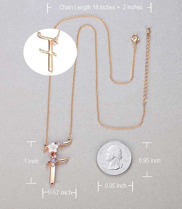 Flower Initial Letter Necklace Pink Red Blue Simulated Pearl Pendant Name Jewelry Made with Austrian Crystals Rose Gold Plated Anniversary Birthday Gifts for Women,18"+2"