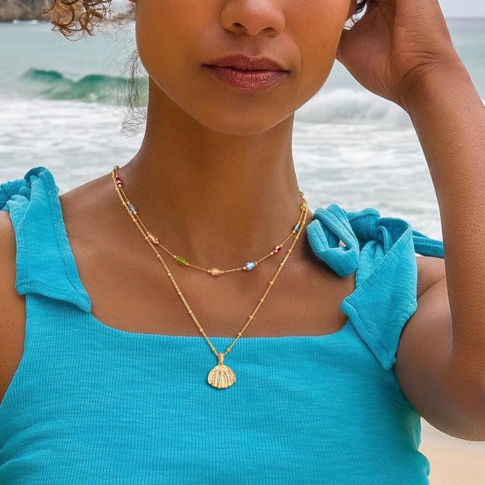MTMY Beaded Necklaces for Women 14K Gold Plated Dainty Colorful Green/Rose Beaded Pearl Choker Necklace Delicate Boho Choker Necklace Jewelry Gift
