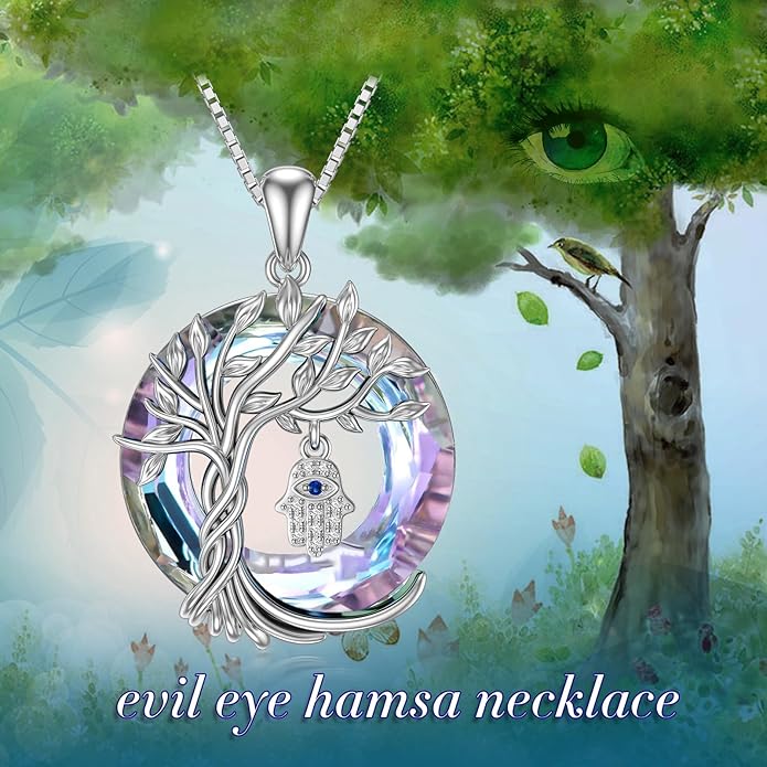 TOUPOP Evil Eye Necklace 925 Sterling Silver Tree of Life Circle Crystal Pendant Necklace Protection Jewelry Amulet Christmas Gifts for Women Her