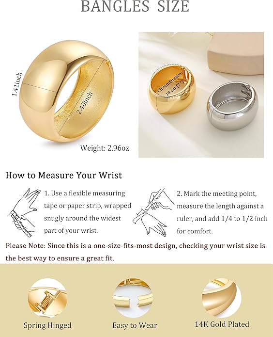 Bangle Bracelets for Women | 14K Gold Plated Trendy Wide Bracelets | Hinged Arm Cuff Bangles Chunky Bracelet for Women