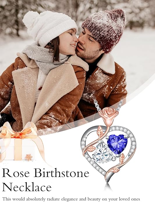 Christmas Gifts for Women Rose Heart Birthstone Pendant Necklace I Love You Forever Jewelry Valentine Mothers Day Birthday Gifts for Women Her Wife Girlfriend