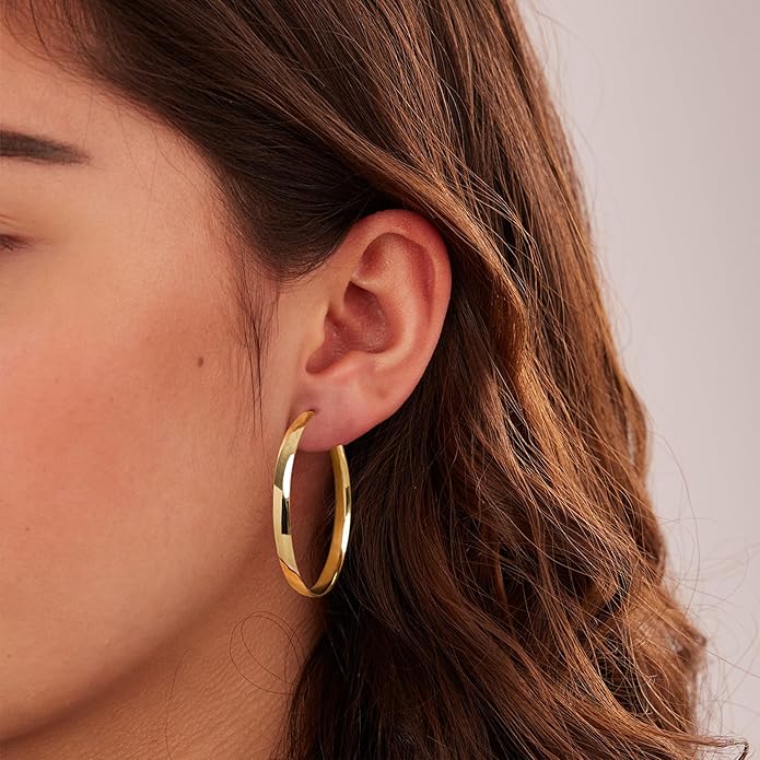 EXGOX 5mm Wide Gold Hoop Earrings for Women,Sterling Silver Hoop Earrings Large Silver Hoop Earrings Hypoallergenic Lightweight 14K Real Gold Plated Big Hoop Earrings for Women 30/40/50/60/70mm