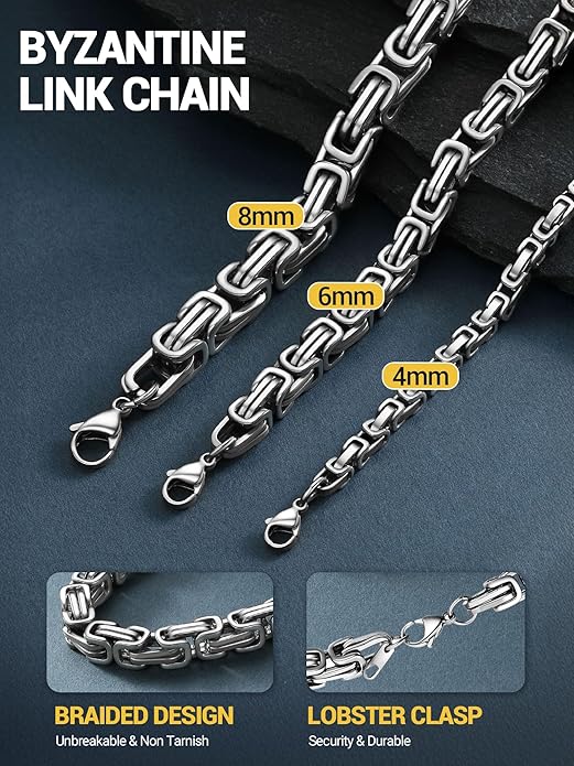 PROSTEEL 4MM/6MM/8MM Stainless Steel Necklace for Men Women, Stylish and Cool, Byzantine Chain Black Gold Silver Tone, 18-30 Inches, Come Gift Box