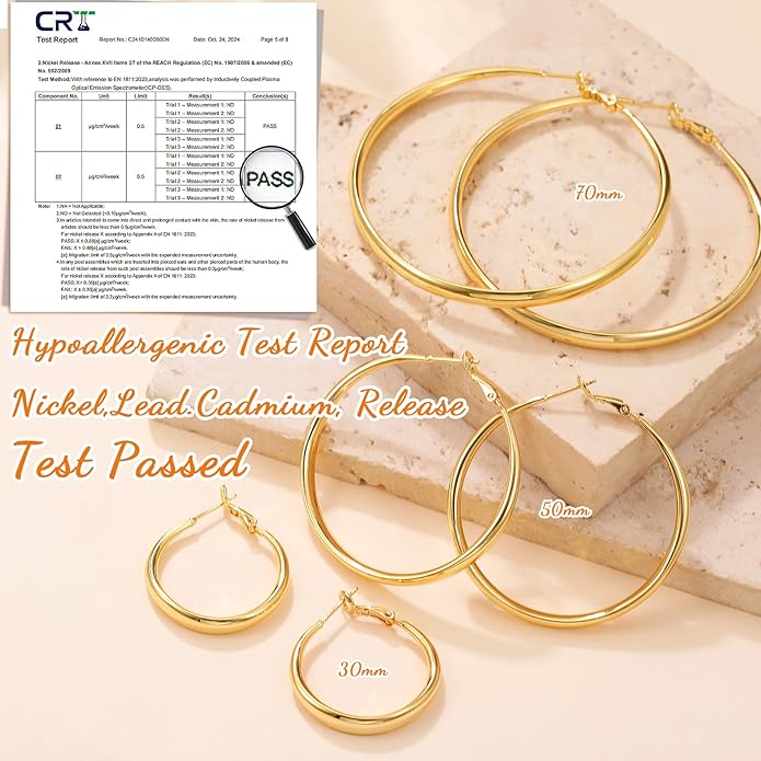PABBEU S925 SterlingSilver Hoop Earrings Hypoallergenic Silver Hoop Earrings for Women Lightweight Large Sterling Silver Hoops Earring 30/50/70mm