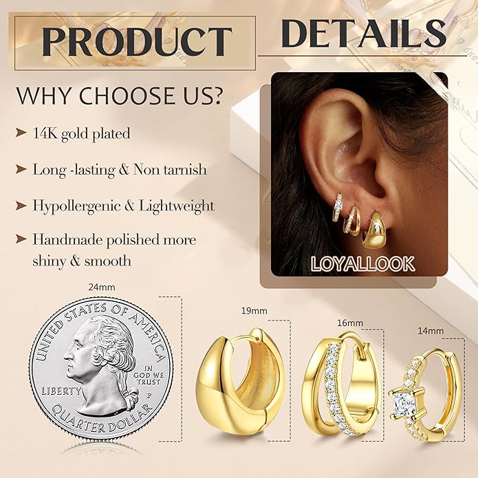 LOYALLOOK 3Pairs Gold Hoop Earrings Set for Women Trendy Huggie Hoop Earrings Stacks for Multiple Piercing 14K Gold Plated Chunky Hoop Earrings Set Hypoallergenic Cartilage Earring Lightweight