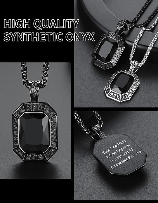 ChainsHouse Viking Rune Pendant Necklace for Men Women, Punk Biker Black Metal/316L Stainless Steel Onyx Norse Vintage Amulet Necklaces with Black/Red/Green/Blue Gemstone, Send Gift Box