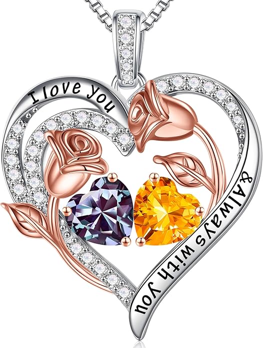 Iefil Birthstone Necklace for Women - 925 Sterling Silver Rose Heart Birthstone Necklace Birthday Anniversary Jewelry Gifts for Her Wife Mom Daughter