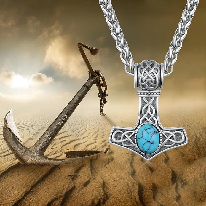 Thor's Hammer Necklace 925 Sterling Silver Viking Thor Hammer Necklace with Turquoise Norse Mjolnir Pendant Viking Jewelry Gifts for Men