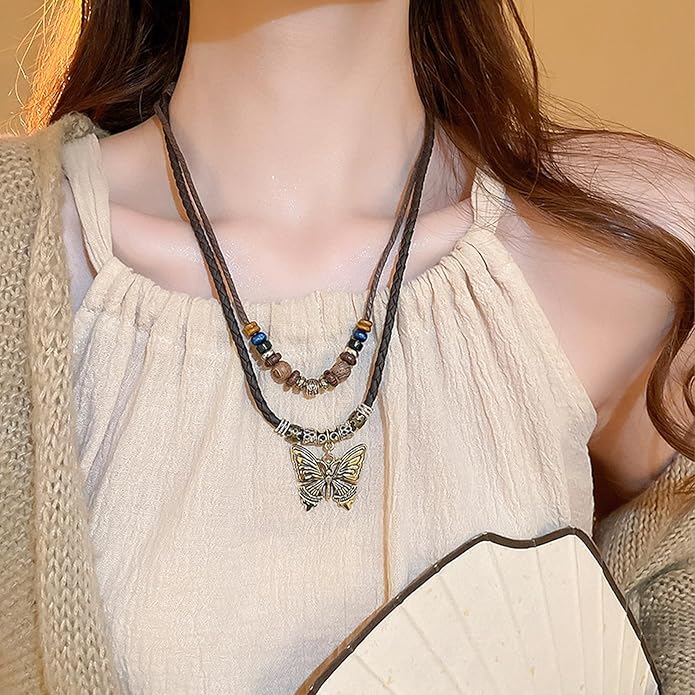 HETICA Boho Necklace for Women, Vintage Butterfly Necklace Adjustable Wooden Beads Layered Braided Necklace Fashion Tribal Style Leather Rope Necklace Jewelry