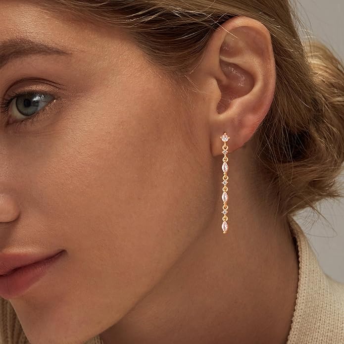 14K Gold Plated Butterfly Dangle Earrings for Women - Dainty, Trendy, Hypoallergenic CZ Drop Earrings - Simple Long Dangling Jewelry