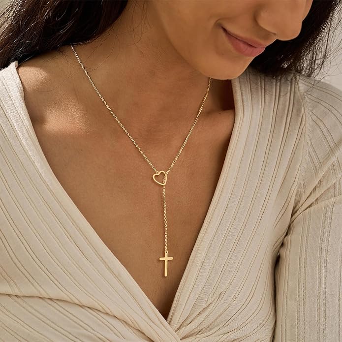 Lariat Necklace for Women, Dainty 14K Gold/Silver Plated Long Necklaces for Women Trendy Simple Layered Y-Shaped Drop Pendant Necklace Adjustable Gold Jewelry Gifts For Her Christmas Stocking Stuffer