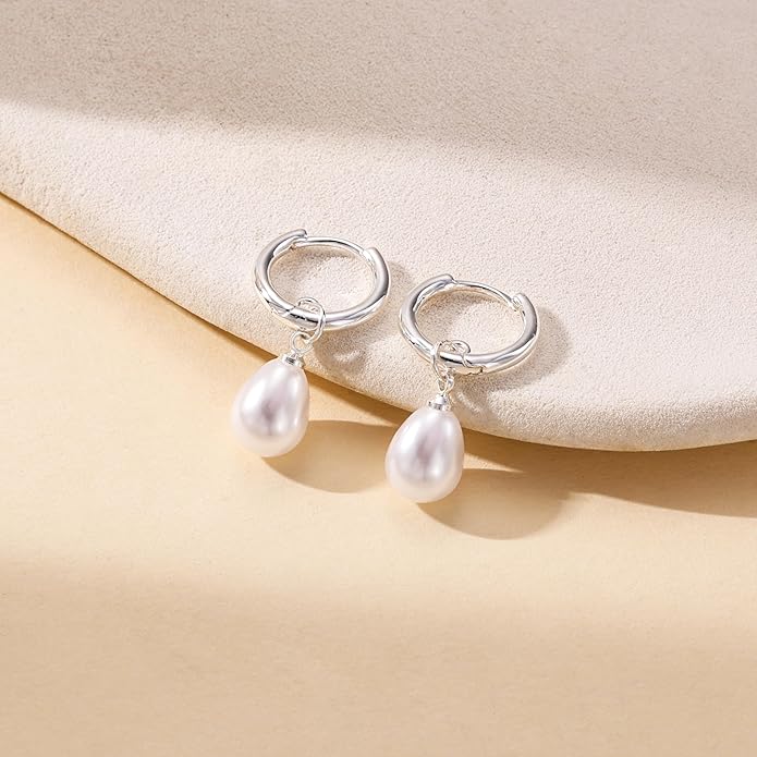 14K Gold Plated Pearl Dangle Earrings for Women, Small Pearl Drop Huggie Hoop Earrings, Hypoallergenic Dainty Gold Wedding Earrings Jewelry Gifts for Women Trendy