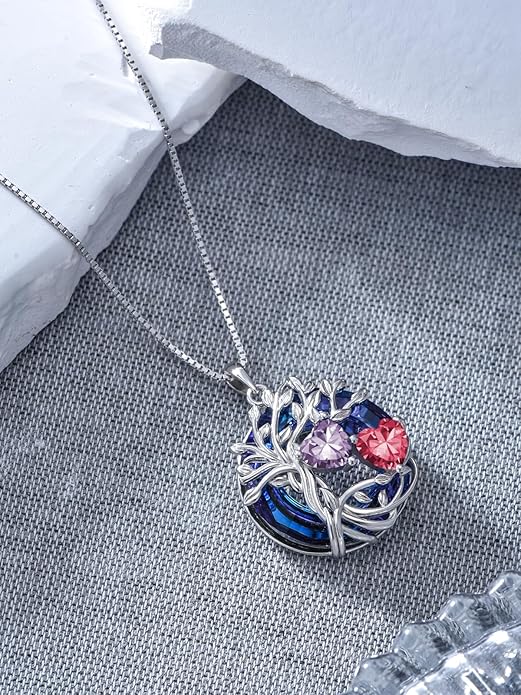 TOUPOP s925 Sterling Silver Family Celtic Tree of Life Pendant Necklaces with 2 Heart Birthstone with Blue Austrian Crystal Jewelry Birthday Anniversary Christmas Gifts for Her Wife Girlfriend Mom (18K Real White Gold Filled)