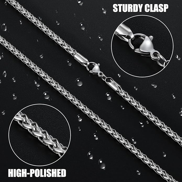Fiusem Black Wheat Chains for Men and Women, 2/2.5/3/4/5mm Stainless Steel Necklace Chain, Mens Necklace Jewelry Gift 16-28 Inch