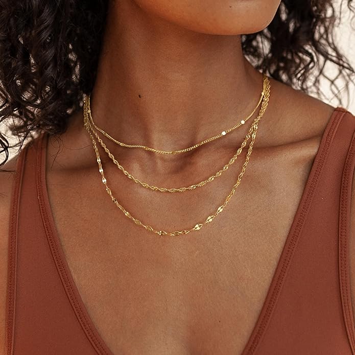 Layered Necklaces for Women, Dainty 14K Gold Plated Herringbone Chain Necklace Set Chunky Gold Necklace Stack Layering Choker Necklaces for Women Trendy Fashion Waterproof Jewelry