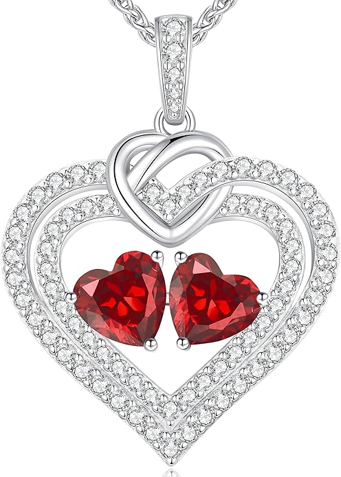 LOUISA SECRET Sparkling Double Heart Birthstone Necklaces for Women, 925 Sterling Silver Fine Jewelry, Pendant Heart Necklaces Birthday Anniversary Christmas Gift for Women Wife Mom Girlfriend Lady