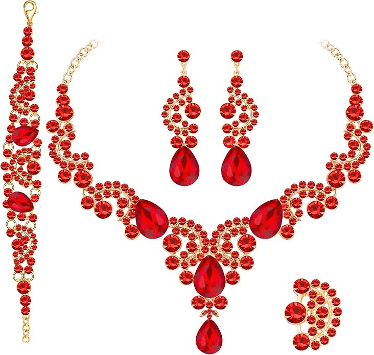 Paxuan Crystal Bridal Wedding Jewelry Sets for Women Rhinestone Teardrop Crystal Statement Choker Necklace Drop Earrings Link Bracelets Rings Teardrop Jewelry Set for Brides Bridesmaids