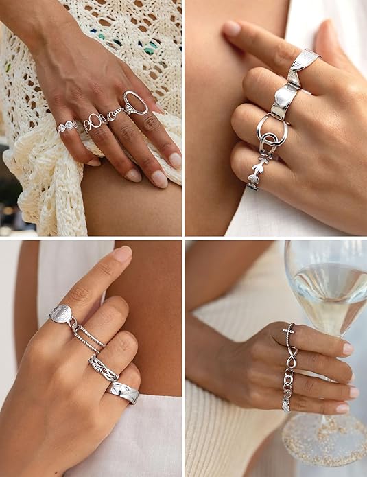 LOLIAS 16Pcs Stainless Steel Rings for Women Chunky Silver Rings Non Tarnish Stackable Ring Open Adjustable Thumb Finger Statement Rings Set