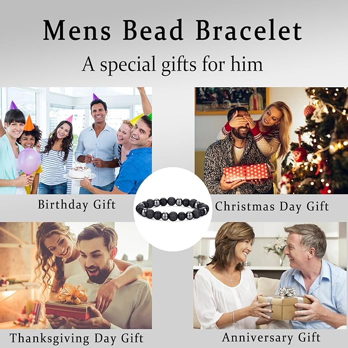 RANKEEF Mens Bead Bracelet Set - Adjustable Elastic Rope With 6&8MM Natural Stone Multi-Colored Beads - Tiger Eye Bracelets for Men - Gift
